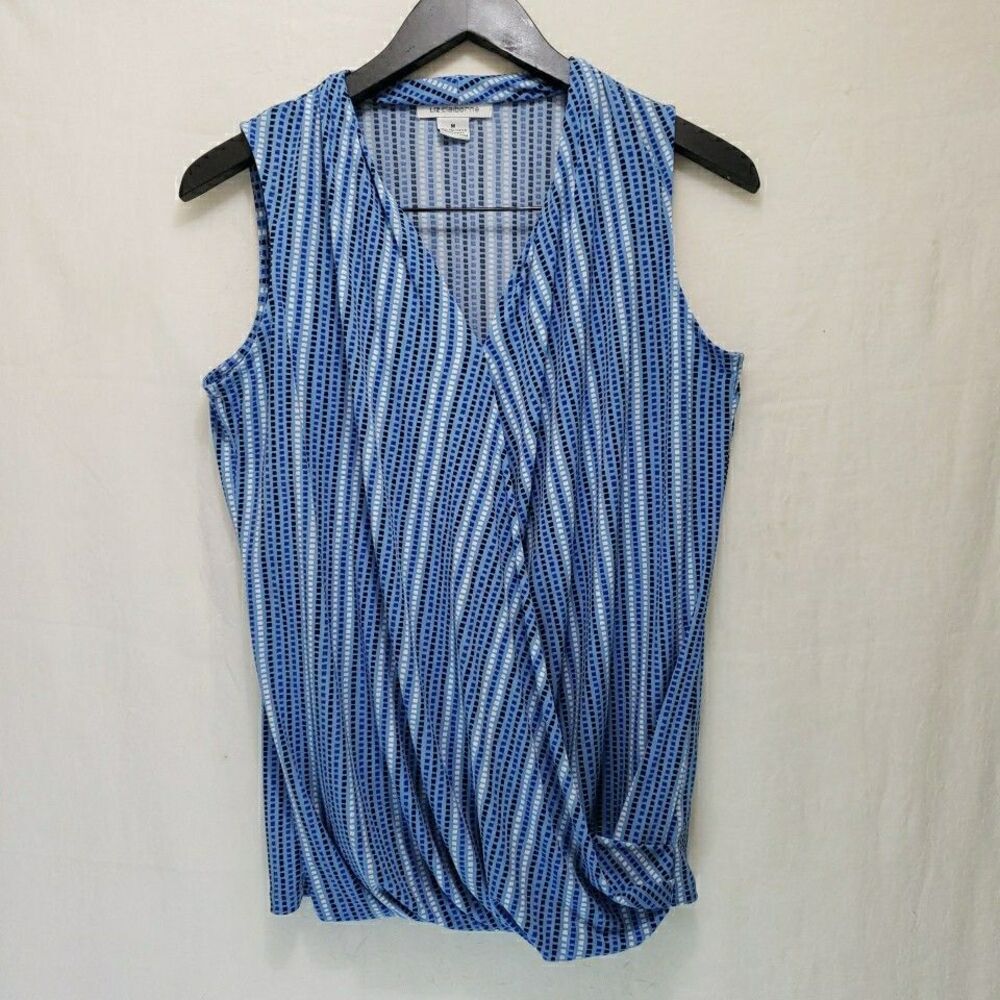 Liz Claiborne Blue Striped Sleeveless Blouse Faux Wrap Drape Neck Tank Top M